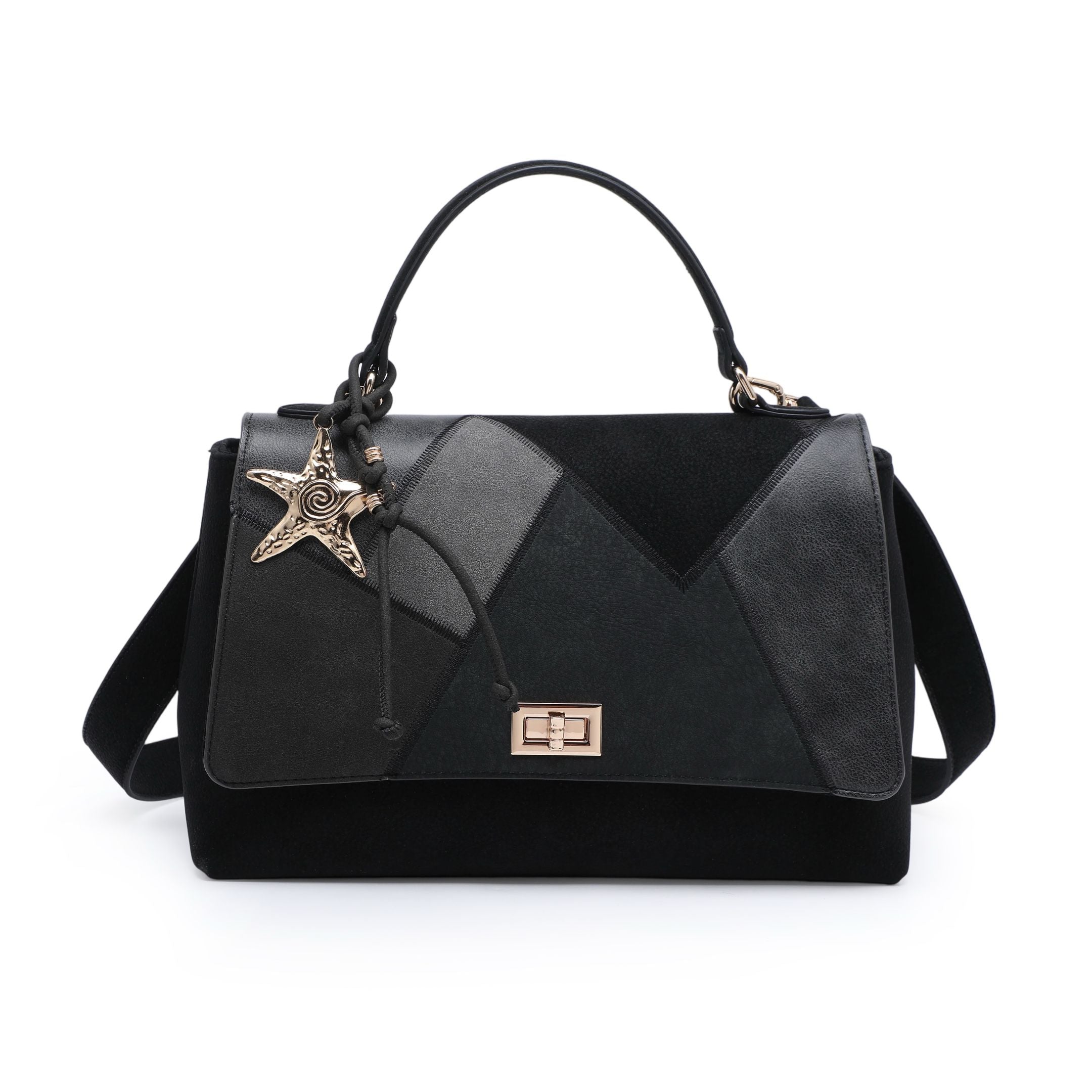 Black geometric patchwork flap satchel with top handle, turn lock and star charm.