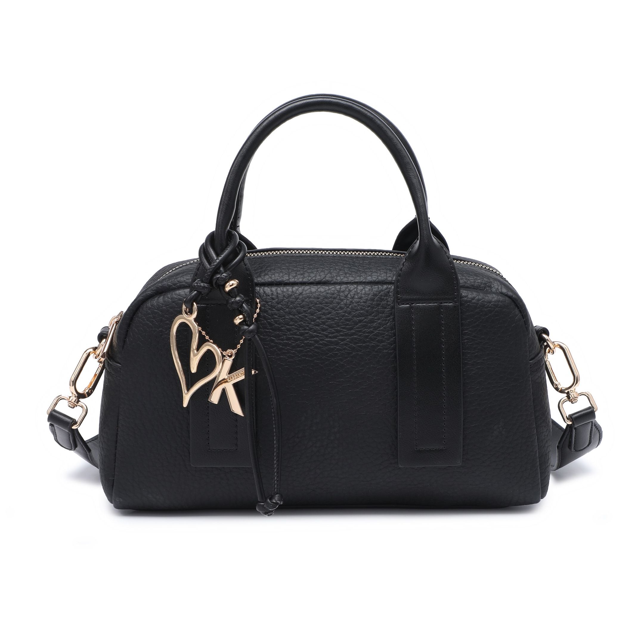 Black dome-shaped pebbled handbag with twin rolled handles and heart charm.