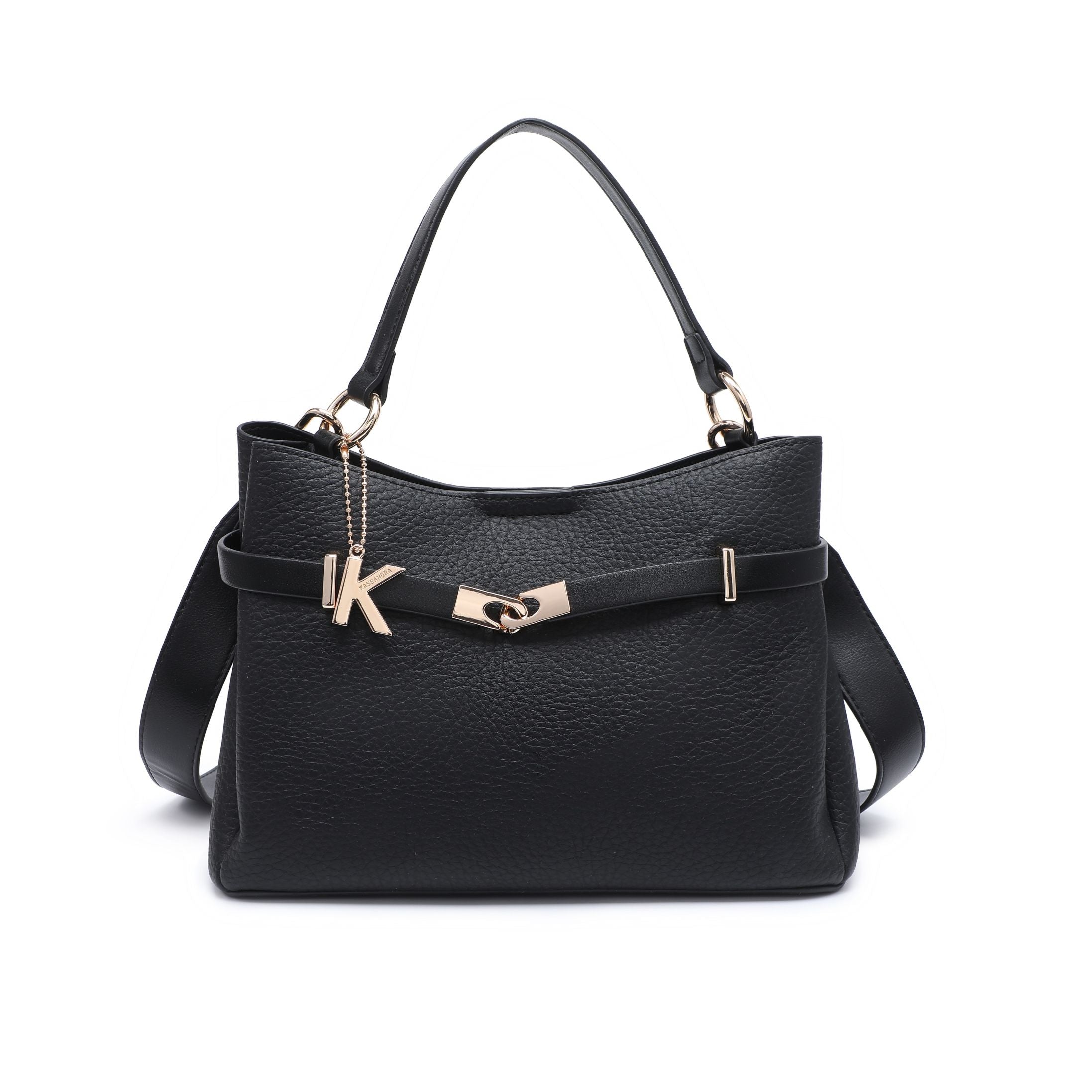 Black pebbled handbag with slim front belt, metal buckle and short handle.