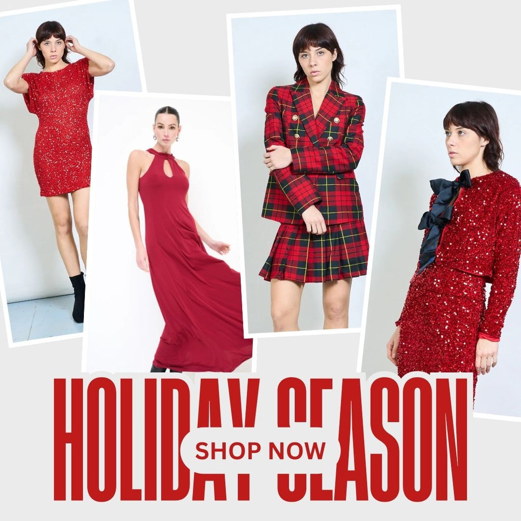 Holiday Season fashion collection banner with red dresses, plaid suit and sequined outfits – Leivip wholesale clothing.
