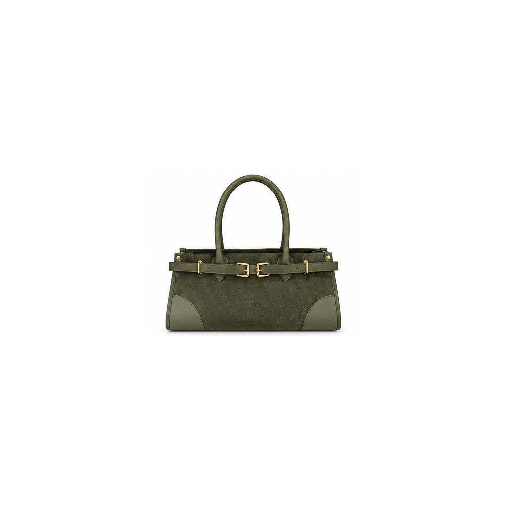 Military Green suede leather handbag with rounded handles, twin gold-tone buckles and smooth corner panels.